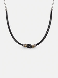 Black Knot Leather Cord Necklace with Vintage Metal Accents
