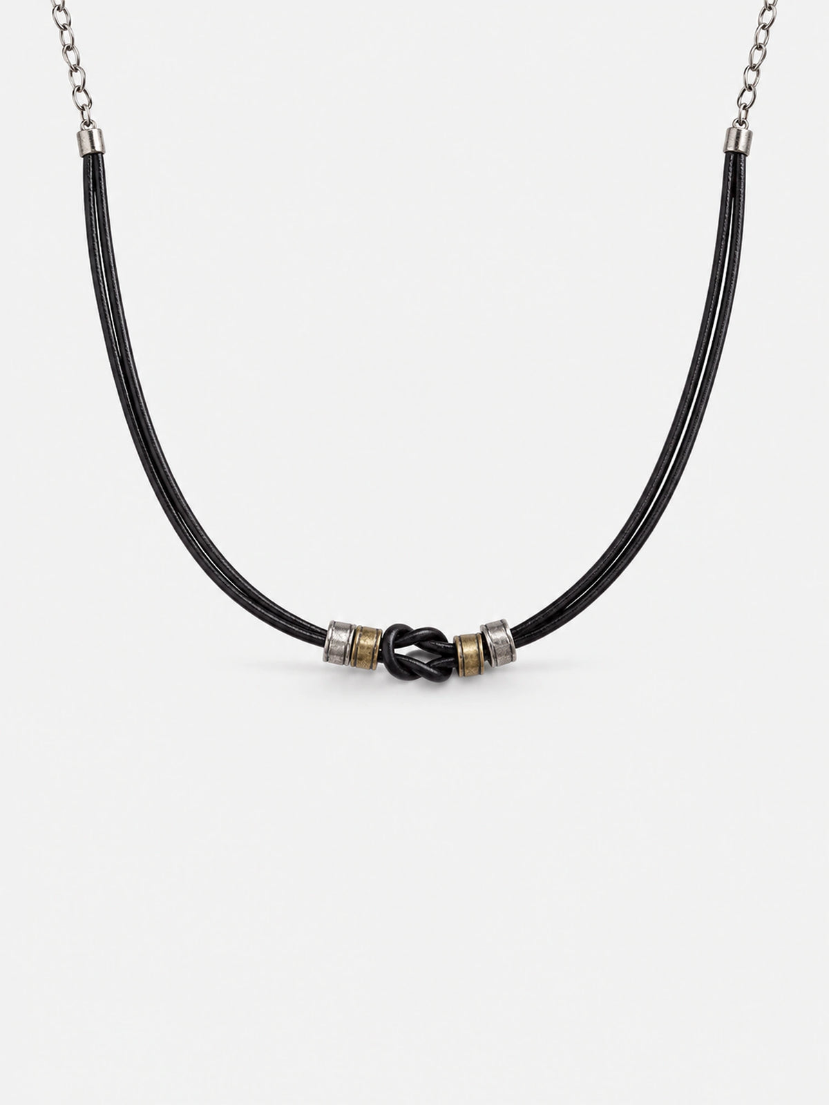 Black Knot Leather Cord Necklace with Vintage Metal Accents