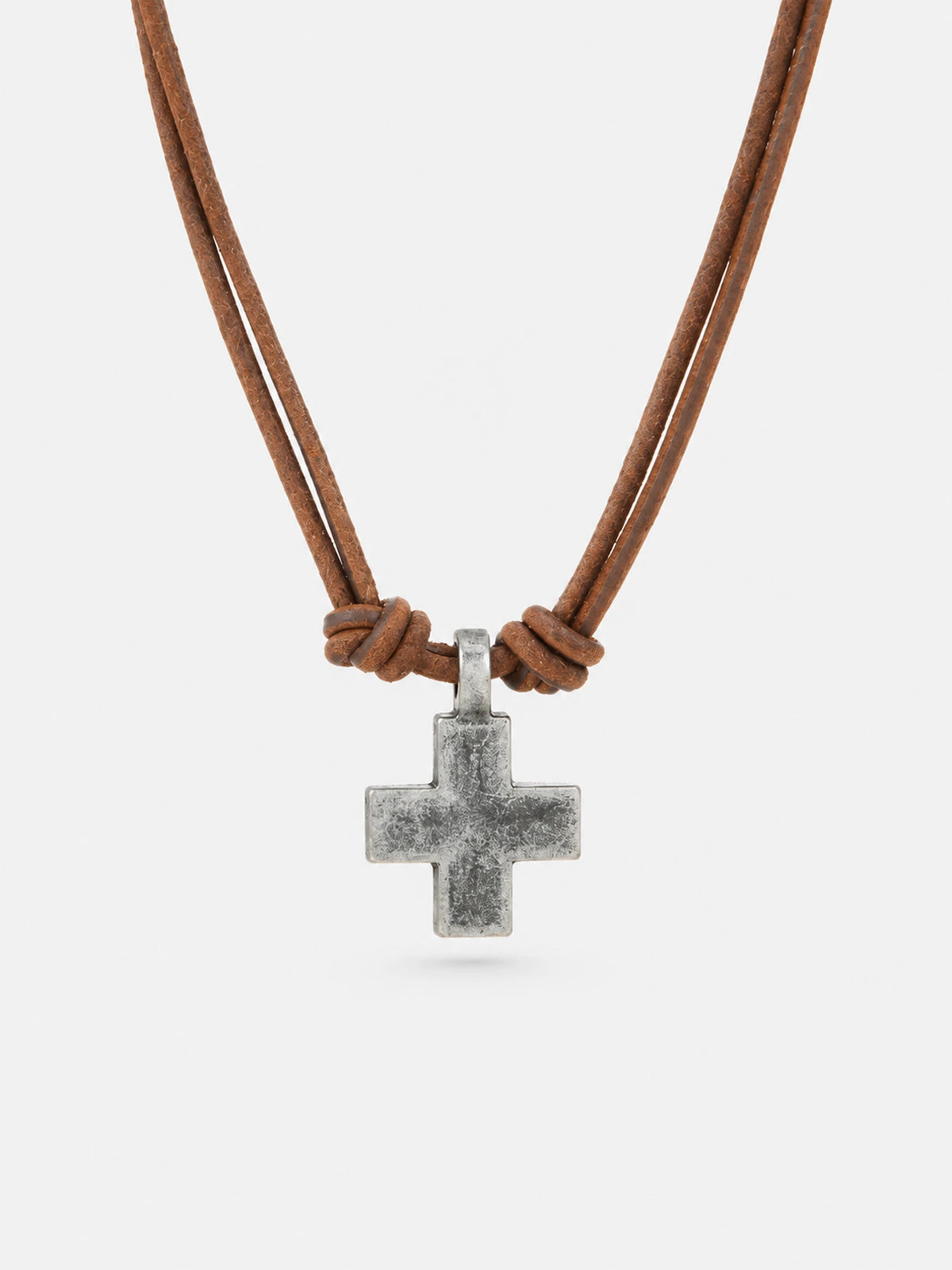 Vintage Silver-Tone Cross Leather Necklace