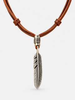 Vintage Silver Feather Leather Cord Pendant Necklace