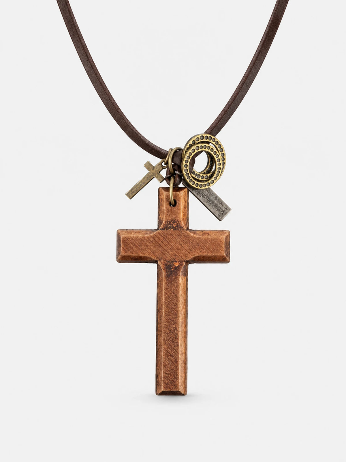 Vintage Wooden Cross Leather Cord Necklace