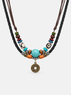Vintage Turquoise Leather Necklace with Coin Charm