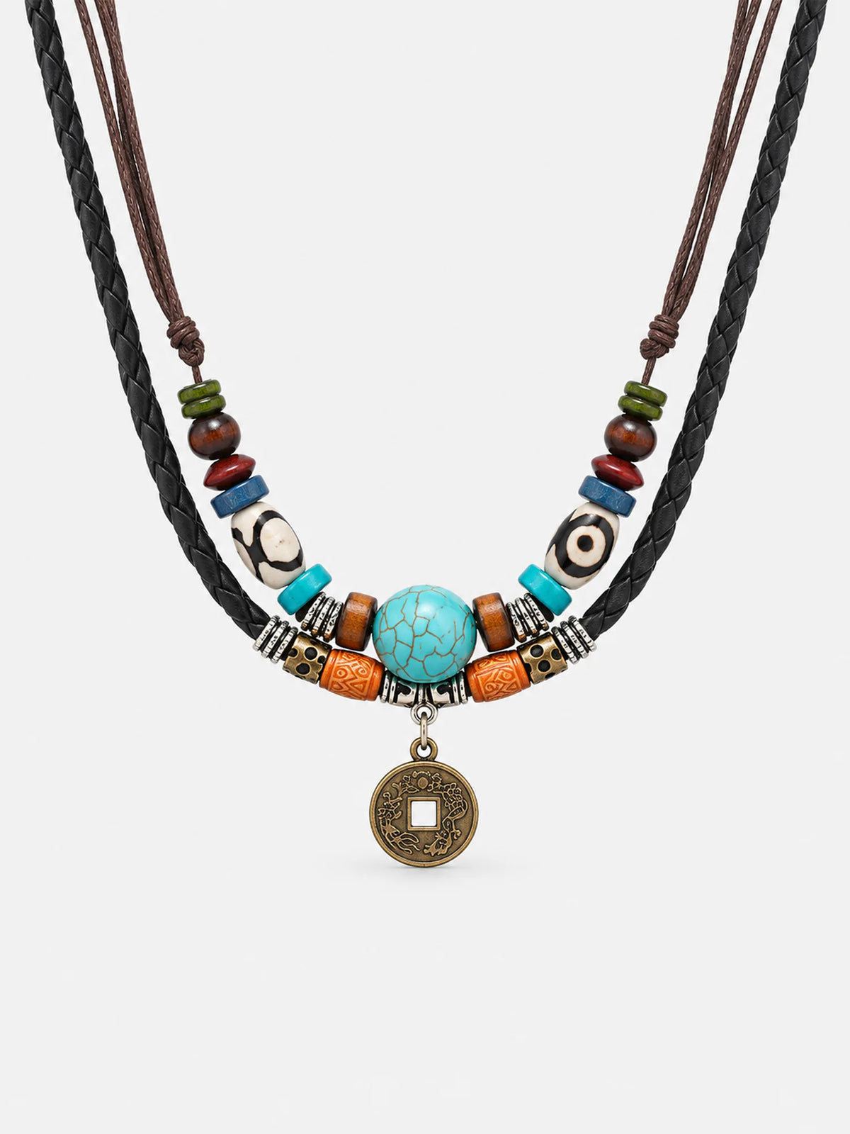 Vintage Turquoise Leather Necklace with Coin Charm