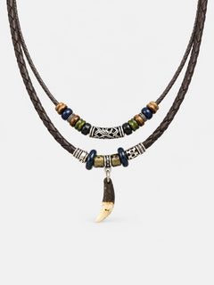 Layered Leather Wolf Tooth Pendant Necklace