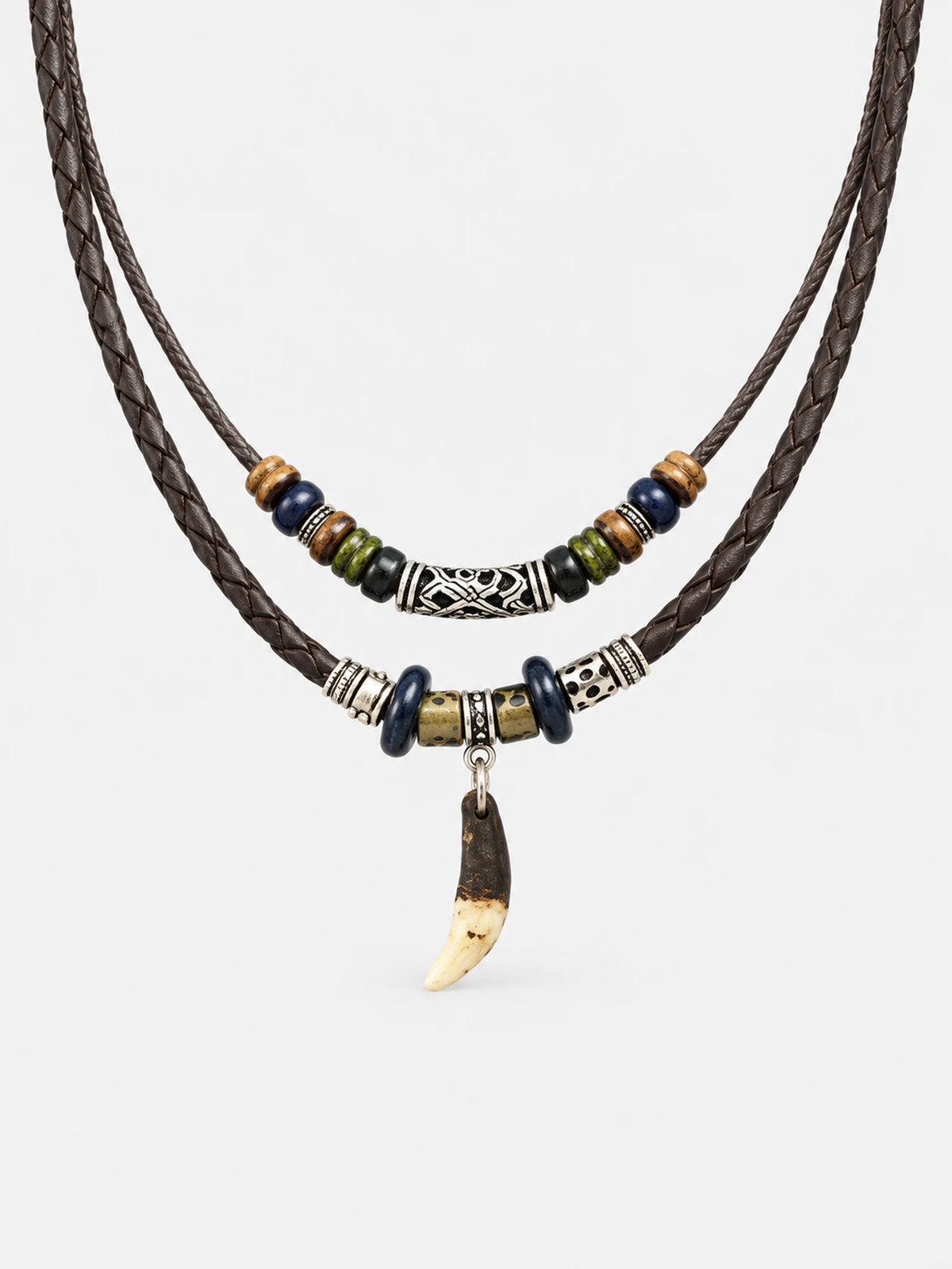 Layered Leather Wolf Tooth Pendant Necklace