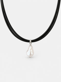 Black Double-Strand Leather Cord Necklace with Pearl Pendant