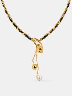 Black Leather and Pearl Gold-Tone Toggle Necklace