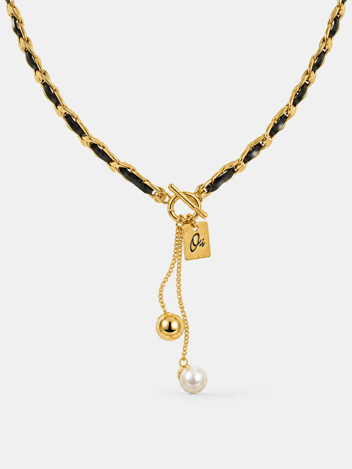 Black Leather and Pearl Gold-Tone Toggle Necklace