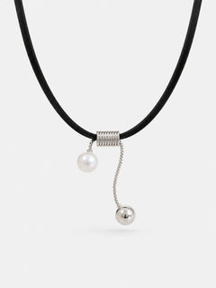 Asymmetric Leather Necklace with Pearl & Silver Drop