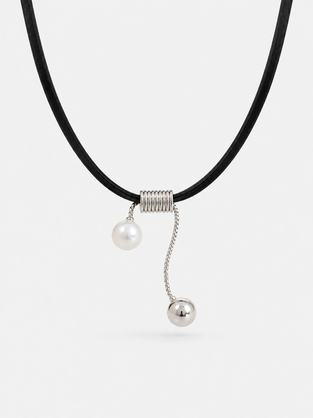 Asymmetric Leather Necklace with Pearl & Silver Drop