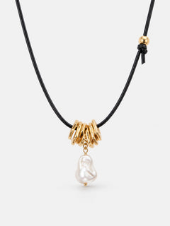 Baroque Pearl Necklace on Leather Cord with Gold Rings