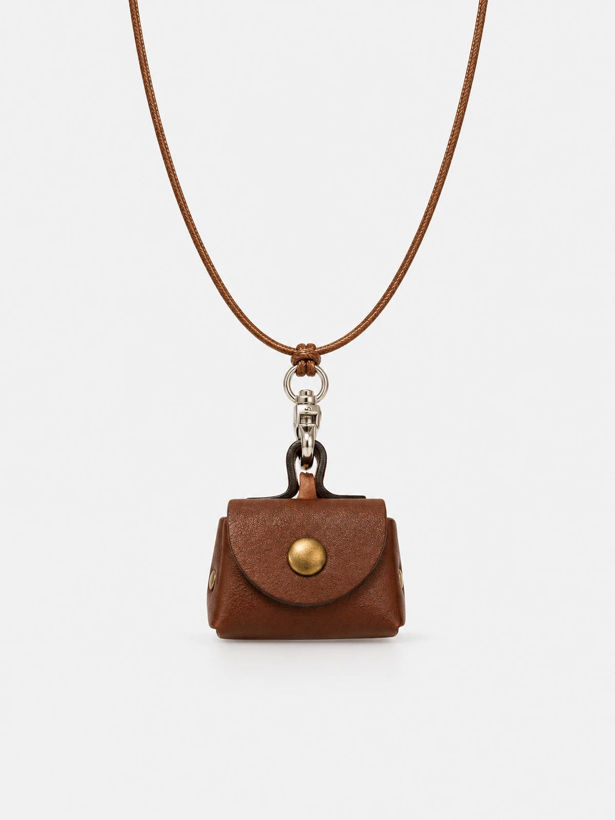 Brown Mini Pouch Leather Pendant Necklace