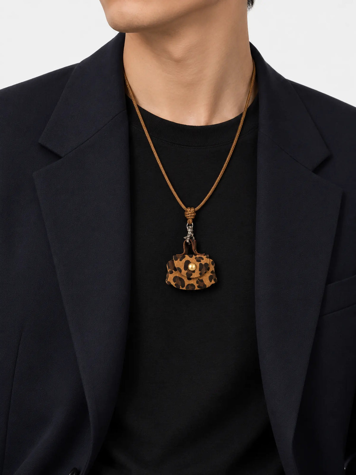 Leopard Print Mini Pouch Leather Cord Necklace with Pendant
