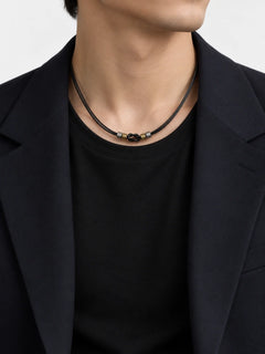 Black Knot Leather Cord Necklace with Vintage Metal Accents