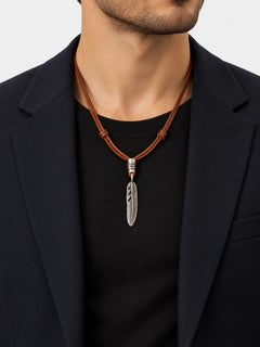 Vintage Silver Feather Leather Cord Pendant Necklace
