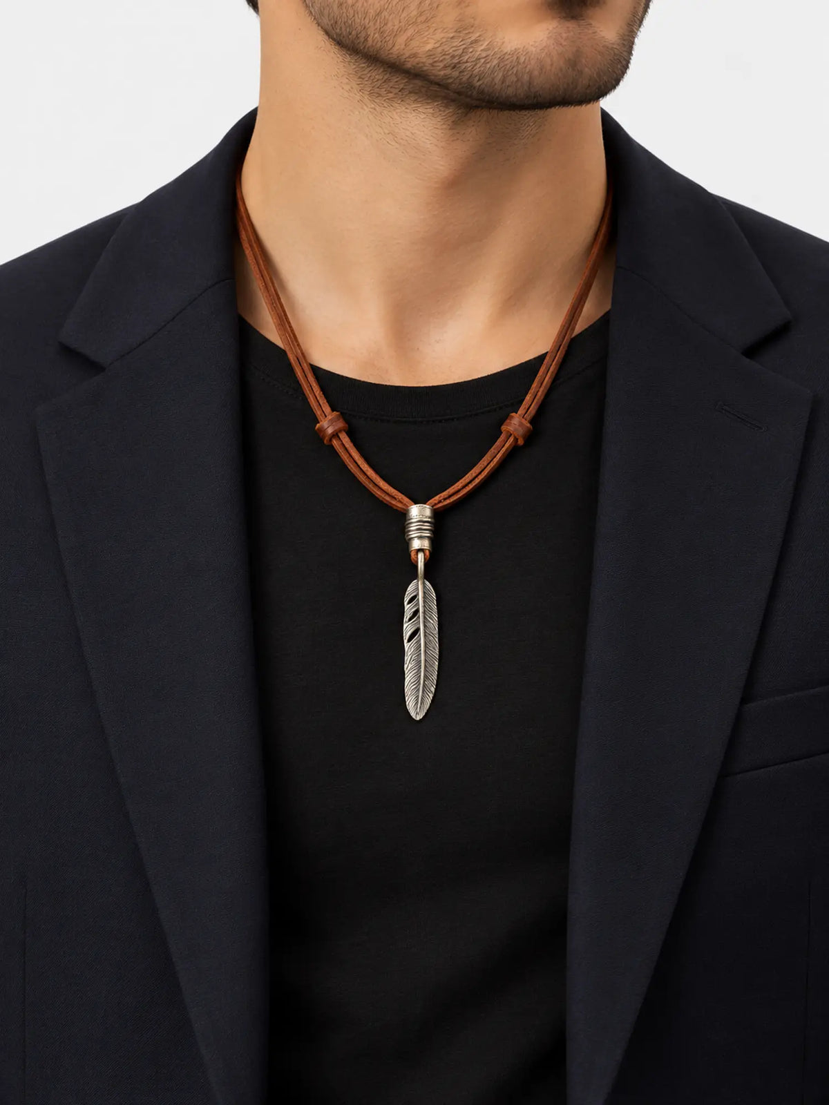 Vintage Silver Feather Leather Cord Pendant Necklace