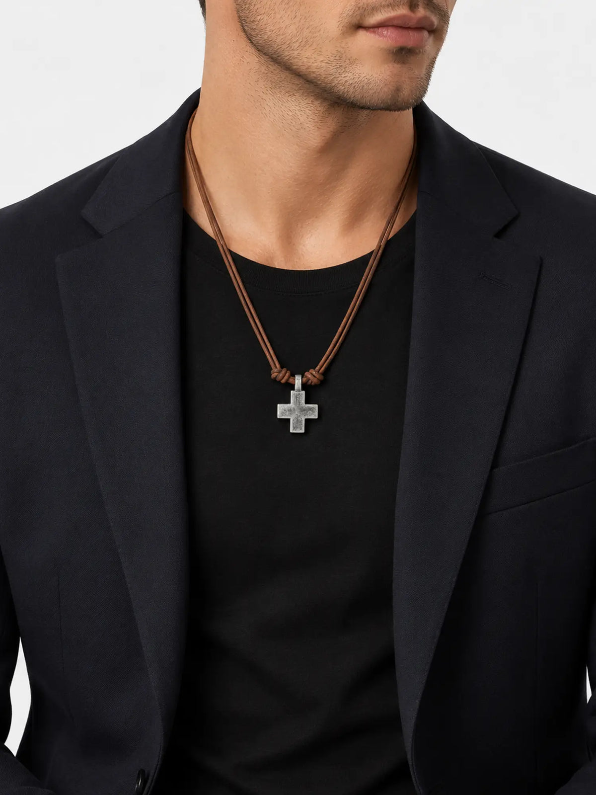 Vintage Silver-Tone Cross Leather Necklace