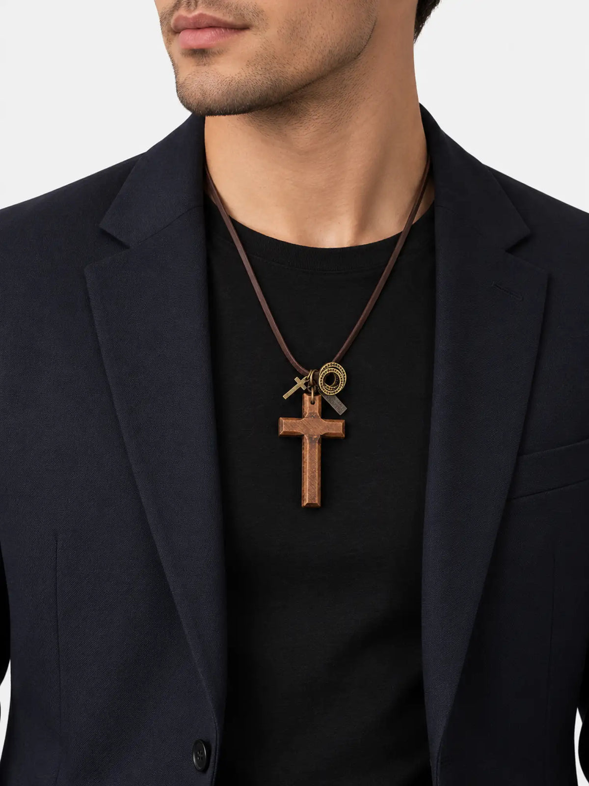 Vintage Wooden Cross Leather Cord Necklace