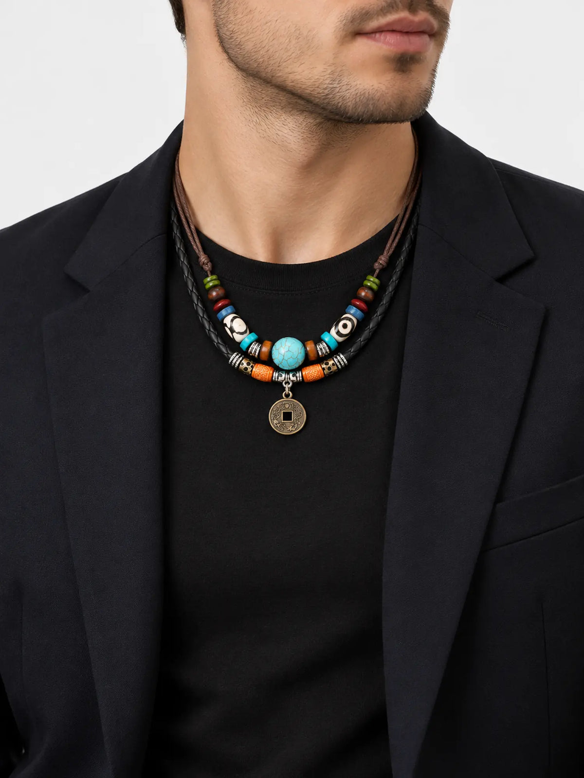 Vintage Turquoise Leather Necklace with Coin Charm