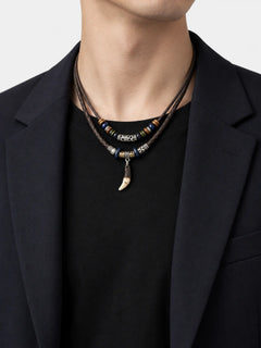 Layered Leather Wolf Tooth Pendant Necklace