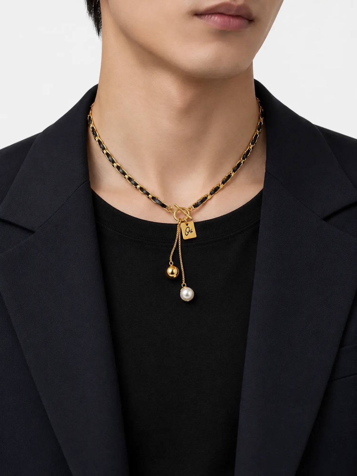 Black Leather and Pearl Gold-Tone Toggle Necklace