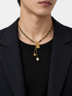 Black Leather and Pearl Gold-Tone Toggle Necklace