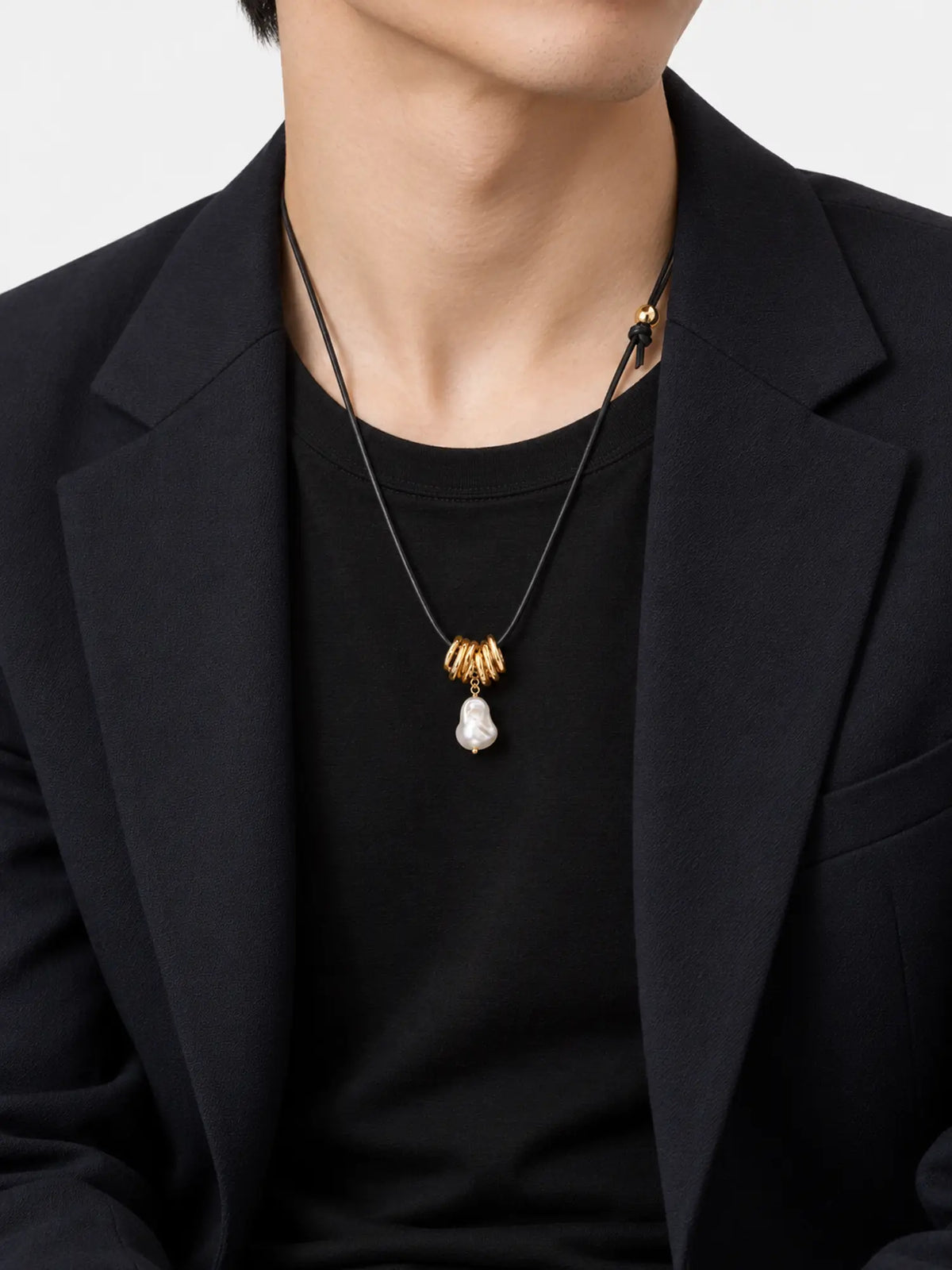 Baroque Pearl Necklace on Leather Cord with Gold Rings