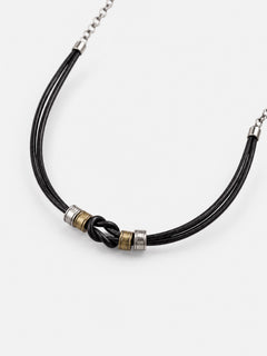 Black Knot Leather Cord Necklace with Vintage Metal Accents