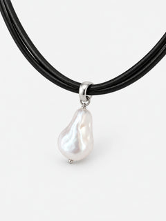 Black Double-Strand Leather Cord Necklace with Pearl Pendant
