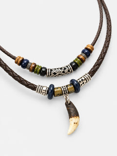 Layered Leather Wolf Tooth Pendant Necklace