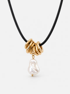 Baroque Pearl Necklace on Leather Cord with Gold Rings