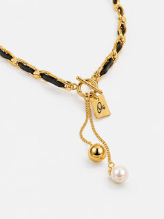 Black Leather and Pearl Gold-Tone Toggle Necklace