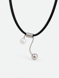 Asymmetric Leather Necklace with Pearl & Silver Drop