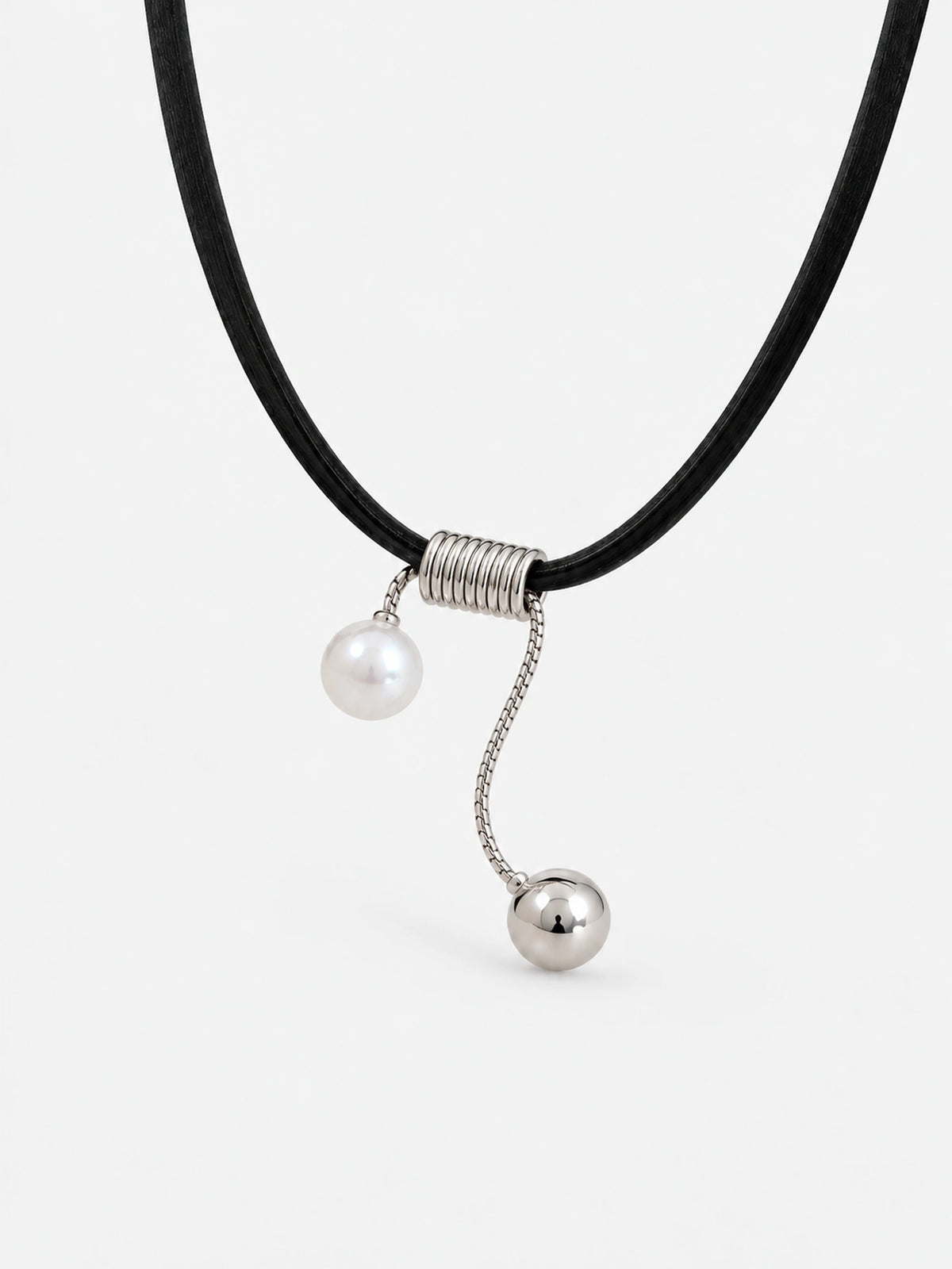 Asymmetric Leather Necklace with Pearl & Silver Drop