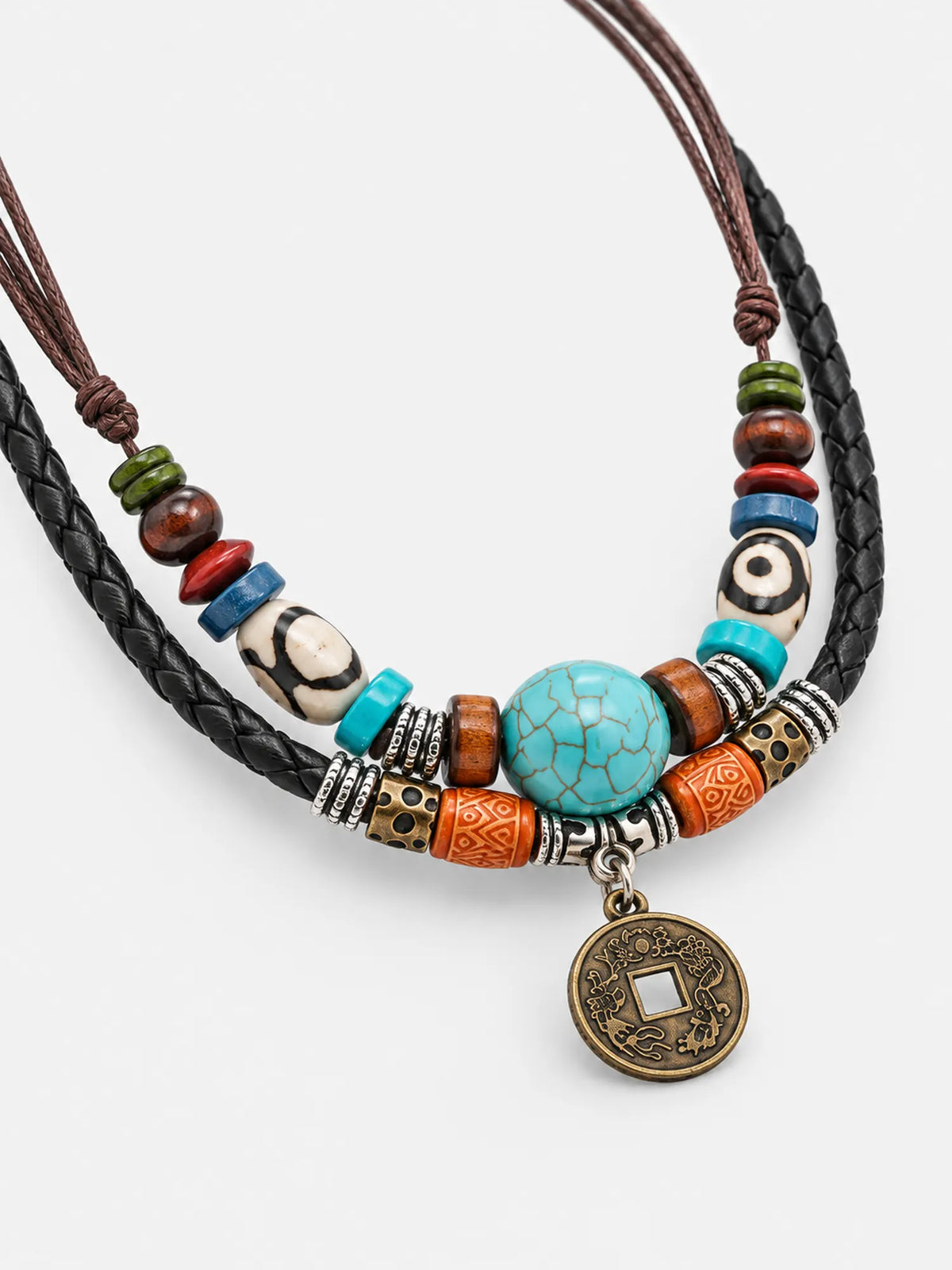 Vintage Turquoise Leather Necklace with Coin Charm