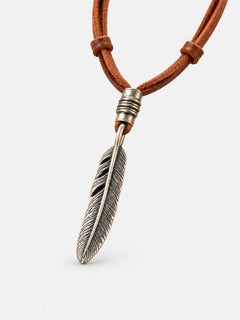 Vintage Silver Feather Leather Cord Pendant Necklace