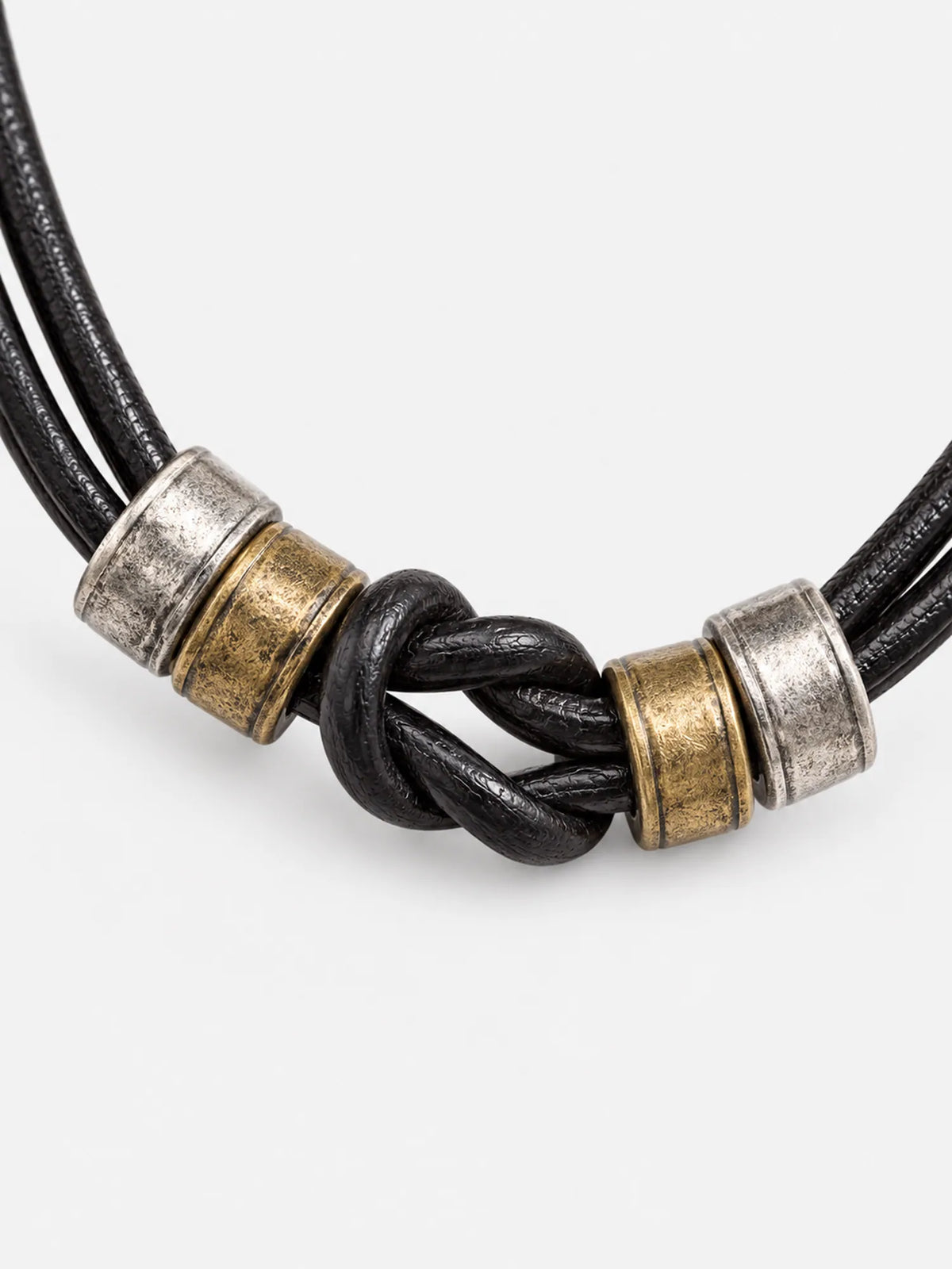 Black Knot Leather Cord Necklace with Vintage Metal Accents