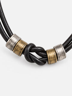 Black Knot Leather Cord Necklace with Vintage Metal Accents