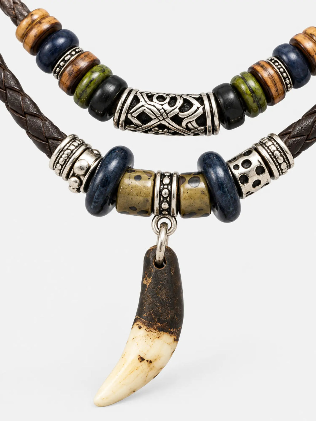 Layered Leather Wolf Tooth Pendant Necklace