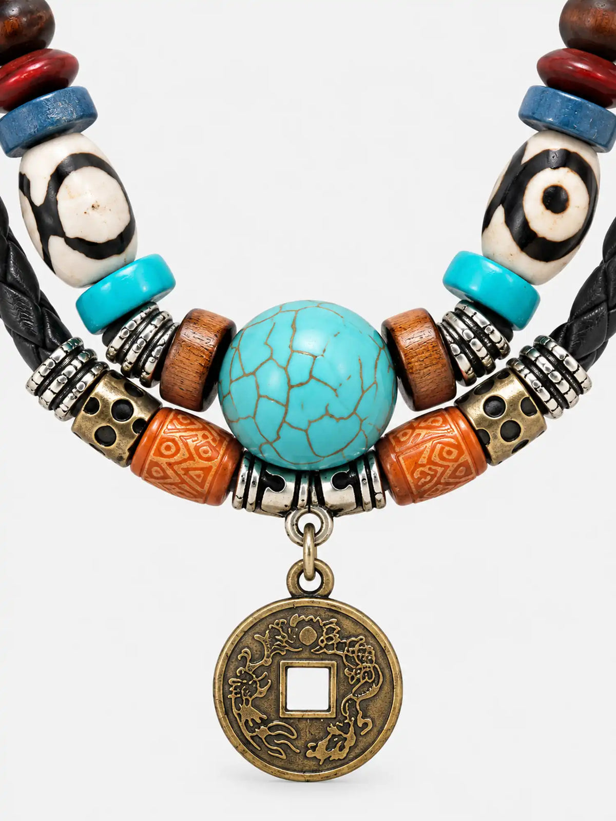 Vintage Turquoise Leather Necklace with Coin Charm