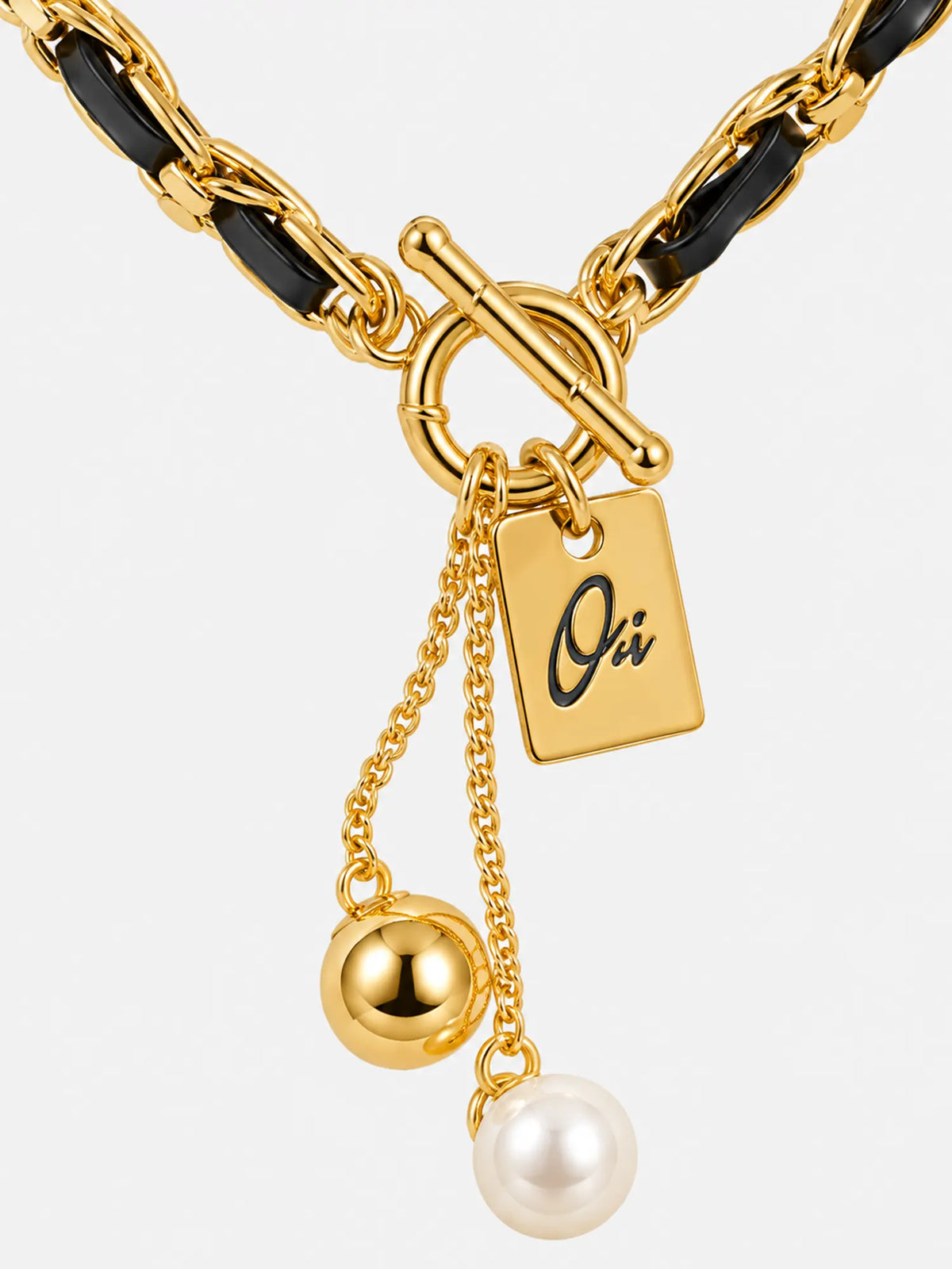 Black Leather and Pearl Gold-Tone Toggle Necklace