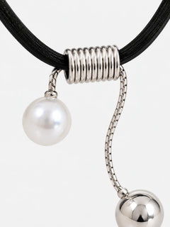 Asymmetric Leather Necklace with Pearl & Silver Drop