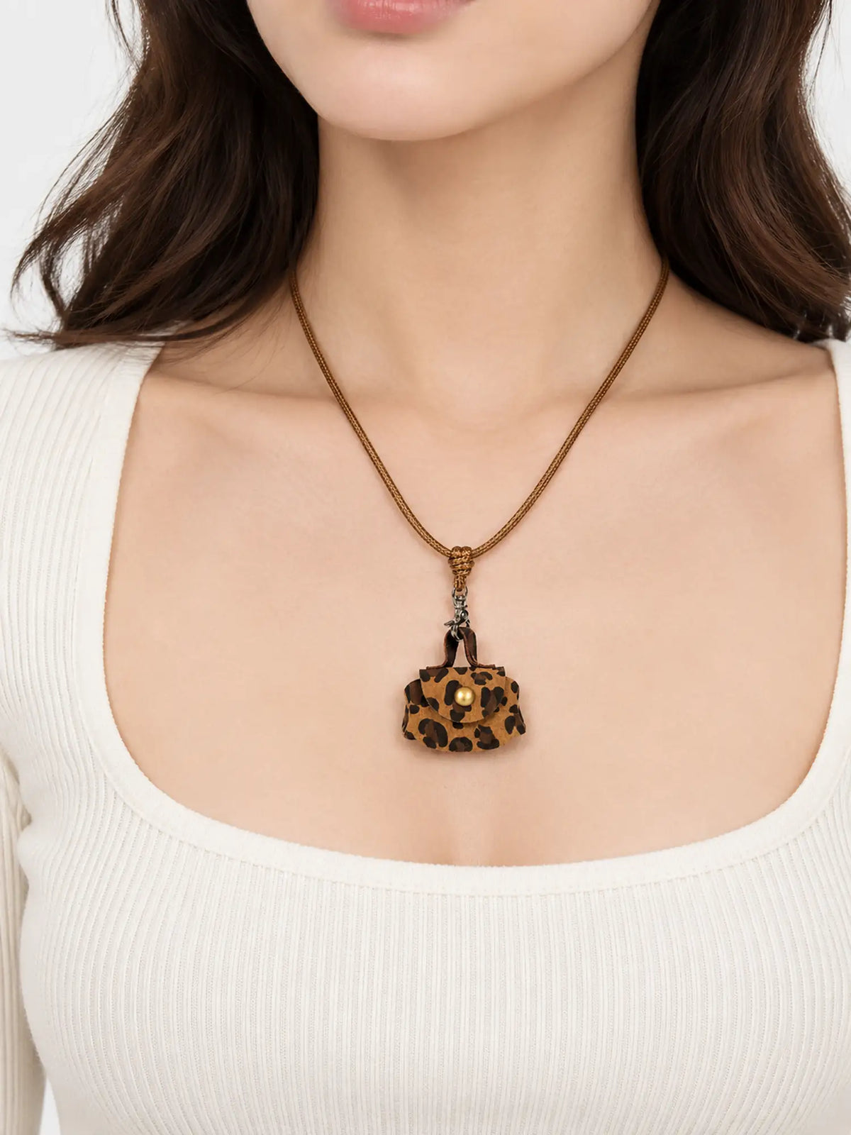 Leopard Print Mini Pouch Leather Cord Necklace with Pendant