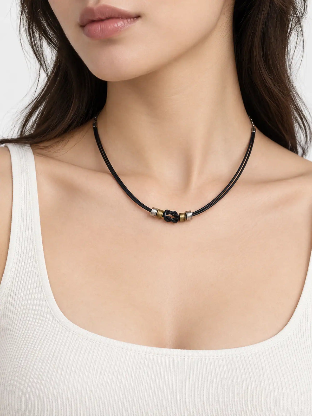 Black Knot Leather Cord Necklace with Vintage Metal Accents