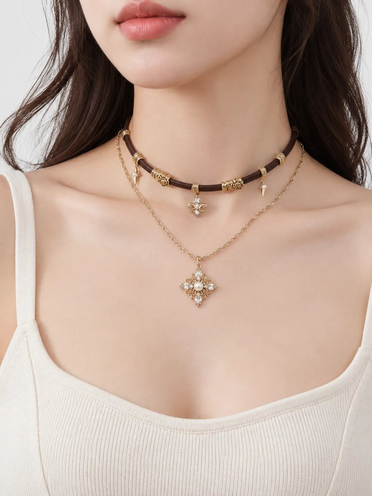 Vintage Floral Freshwater Pearl Leather Cord Necklace