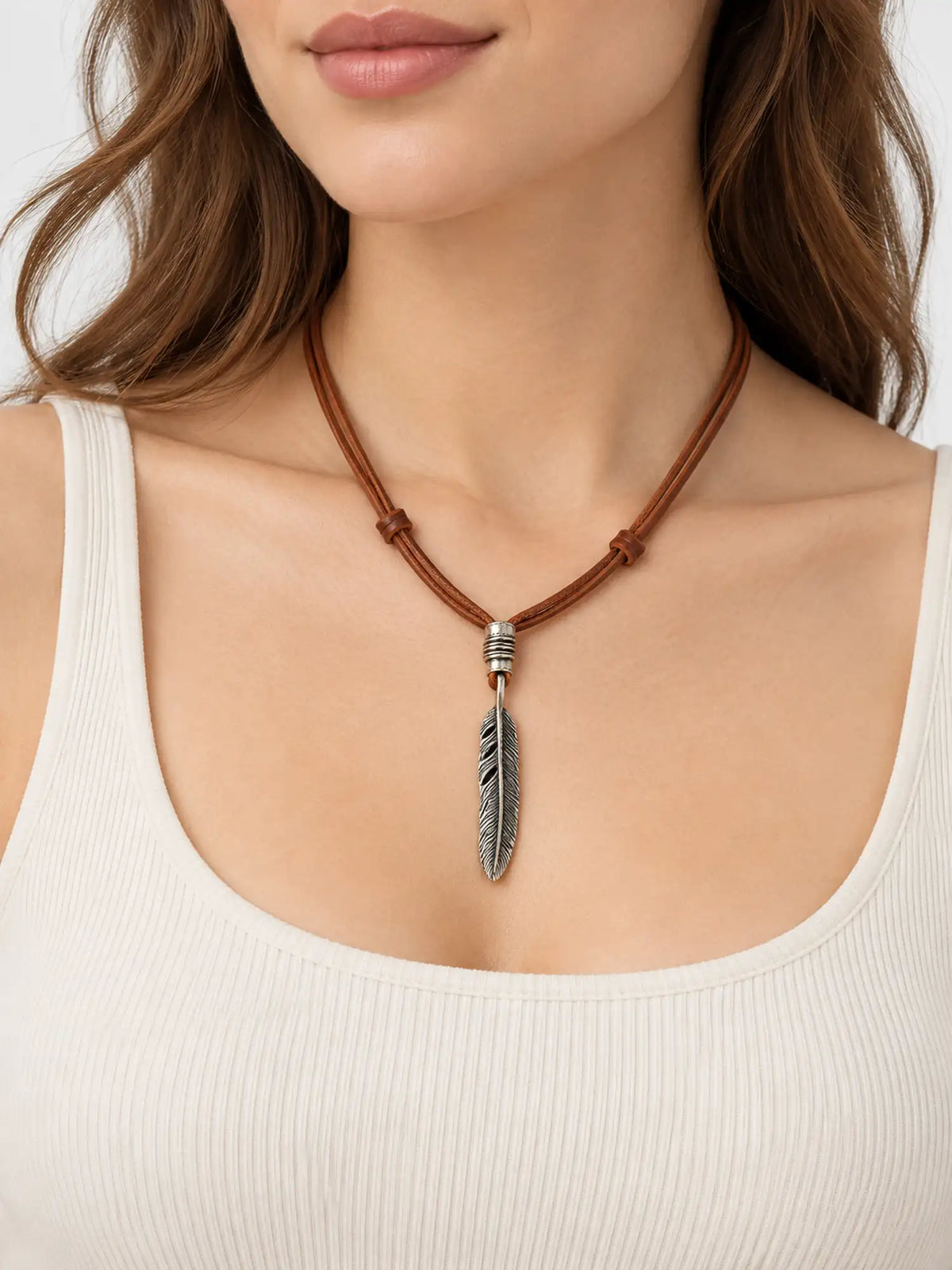 Vintage Silver Feather Leather Cord Pendant Necklace