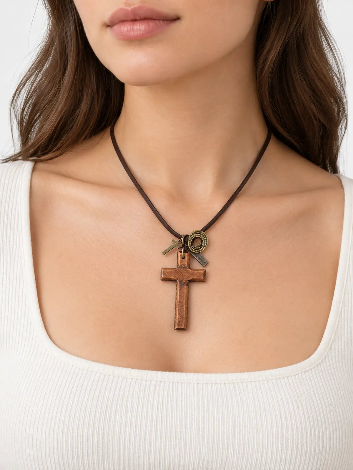 Vintage Wooden Cross Leather Cord Necklace