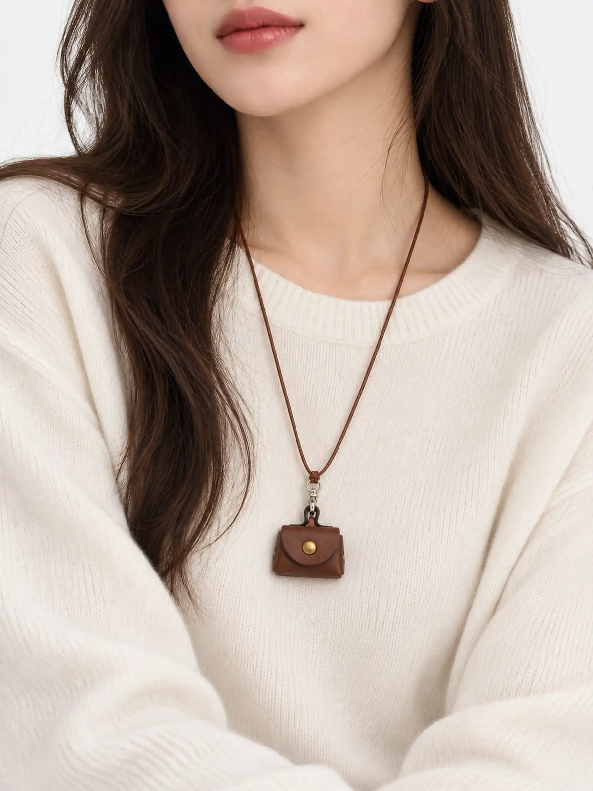 Brown Mini Pouch Leather Pendant Necklace
