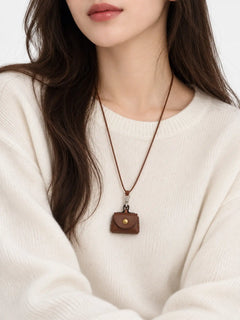 Brown Mini Pouch Leather Pendant Necklace