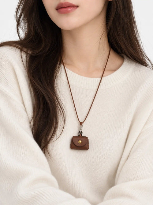 Brown Mini Pouch Leather Pendant Necklace